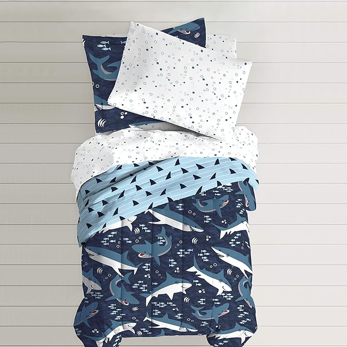 dream FACTORY Kids 5-Piece Complete Set Easy-Wash Super Soft Microfiber Comforter Bedding, Twin, Blue Sharks