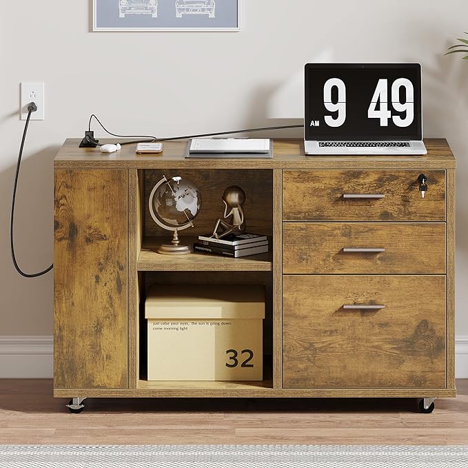 YITAHOME 3 Drawer File Cabinet with Charging Station, Home Office Furniture, Brown