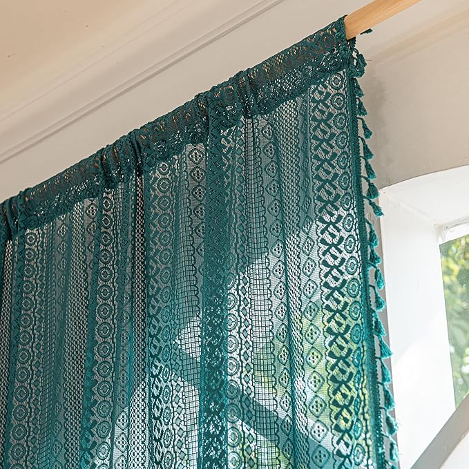 Sutuo Home Boho Curtains 120 inches for Bedroom Dining Room Patio Doorway, Crochet Lace Sheer Bohemian Extra Long with Tassels,Window Treatment Drape, Single 1 Panel 59" W x 120" L, Turquoise