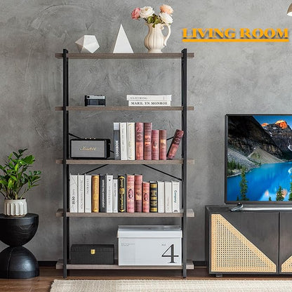 HCHQHS Bookshelf, 5-Tier Industrial Bookcase, Rustic Open Book Shelf, Freestanding Tall Bookshelves with Metal Frame