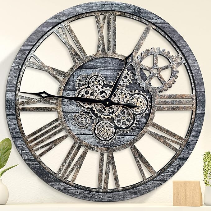 HOIBAI Large Wall Clock, Wall Clocks for Living Room Decor 36 Inch Farmhouse Vintage Rustic Kitchen Wall Decor Vintage Roman Oversized Wall Clock for Home Bedroom House, Moving Gears Clock
