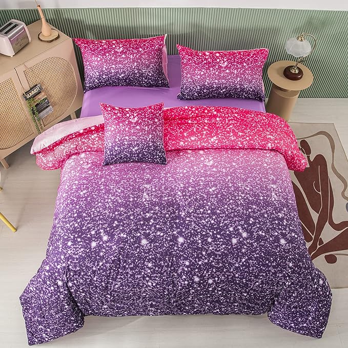 PERFEMET Purple Glitter Comforter Set Twin Size 6 Pieces Bed in A Bag for Teen Girls 3D Colorful Rainbow Bedding Comforter Sheet Set Ultra Soft Galaxy Quilted Duvet