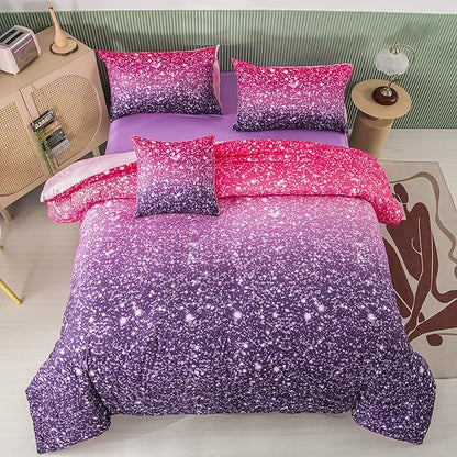 PERFEMET Purple Glitter Comforter Set Twin Size 6 Pieces Bed in A Bag for Teen Girls 3D Colorful Rainbow Bedding Comforter Sheet Set Ultra Soft Galaxy Quilted Duvet