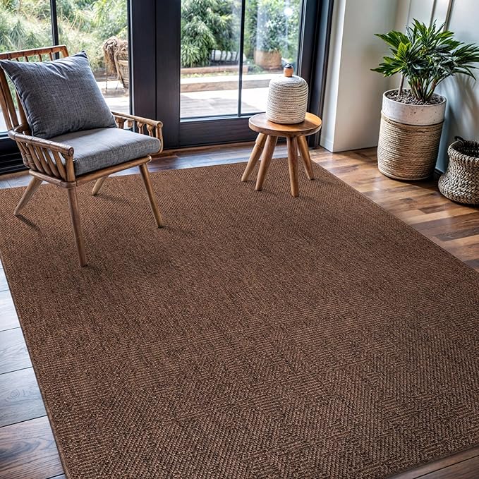 CAMILSON Easy Jute Rug 4x6, Indoor Outdoor Brown Color Fiber Area Rugs for Living Room Patio and Kitchen Rug, Solid Boho Woven Design, Easy-Cleaning, Washable Outside Carpet Alfombras (4 x 6)