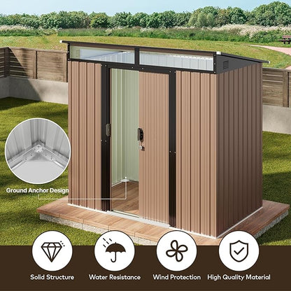 Gizoon 6'x4' Outdoor Storage Shed Metal Garden Shed with Sliding Lockable Doors, Versatile Tool Bike Shed with Transparent Panel Windows, Outdoor Storage Clearance for Backyard, Patio, Light Brown
