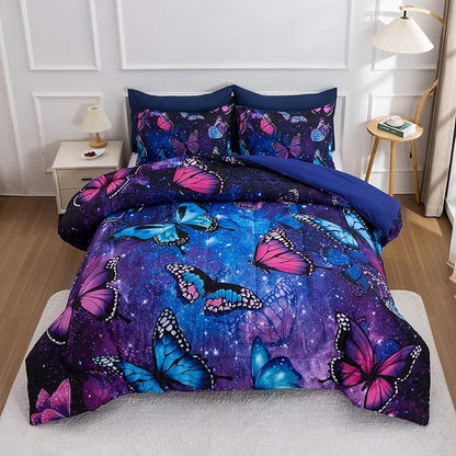 Btargot 3 Piece Butterfly Pattern Girls Comforter Set with 2 Pillow Covers, Galaxy Outer Space Printed Bedding Set for Women, Full Purple Blue