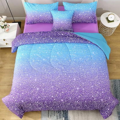 JQinHome Queen Blue Purple Comforter Set, 6 Piece Bed in A Bag 3D Colorful Ombre Bedding Set for Girls Women (1 Comforter,2 Pillowcases,1 Flat Sheet,1 Fitted Sheet,1 Cushion Cover)(Blue Purple)