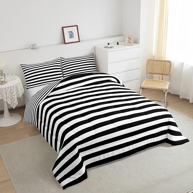 Striped Comforter Set Black and White Stripe Bedding Set Queen Kids Boys Girls Women Men Farmhouse Ticking Stripes Duvet Set Modern Geometric Lines Adults Abstract Gothic Home Decor Soft Reversible