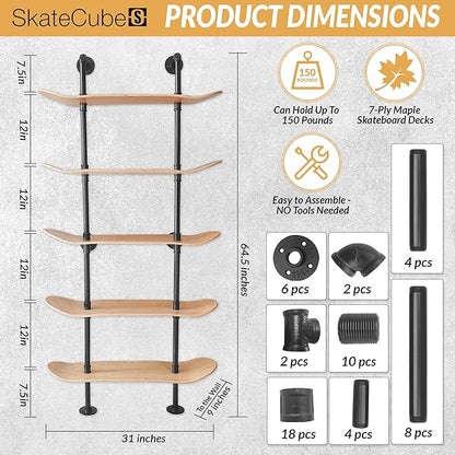 Industrial Shelves - 5 Tier Industrial Decor Pipe Bookcase Using 7 Ply Skateboard Decks - Natural Wood Stain Finish - Bathroom Wall Decor, Living Room Furniture, Book Shelf for Skateboard Enthusiasts