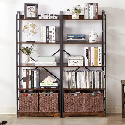 Vagusicc 5 Tier Bookshelf with 2 Storage Baskets, Tall Bookcase Shelf Storage Organizer Wood Book Shelf, Modern Shelf Rack Shelves with Steel Frame, Multipurpose Bookshelf for Bedroom Living Room