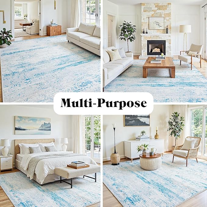 10x14 Washable Area Rug for Living Room Bedroom: Non-Slip Modern Light Blue | Machine Washable TPR Backing, Stain-Resistant Low Pile, Pet & Kid Friendly, Abstract Decor for Dining Room, Dorm, Home Office