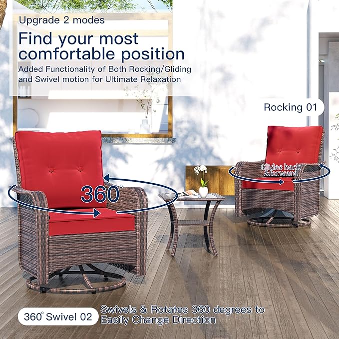 Kullavik 10PCS Outdoor Patio Furniture Set,PE Wicker Rattan Sectional Sofa Patio Conversation Sets with 43" 55000BTU Gas Propane Fire Pit Table,Swivel Rocking Chairs Set,Red