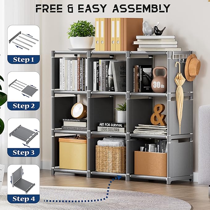 Mavivegue Book Shelf, 9 Cube Storage Organizer, DIY Bookcase, Metal Cube Bookshelf, Tall Book case for Bedroom, Living Room, Office, Closet Storage Organizer, Grey Cubicle Storage Rack