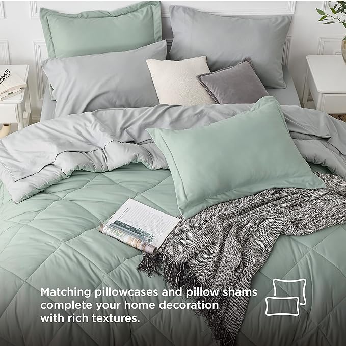 Bedsure Sage Green Queen Comforter Set - 7 Pieces Reversible Bed Set Sage Green Bed in a Bag Queen with Comforters, Sheets, Pillowcases & Shams, Queen Bedding Sets