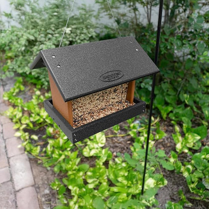 Poly Hanging Hopper Bird Feeder, Large Hanging Bird Feeder for Outside, Outdoors - Amish American Made (Black & Cedar)