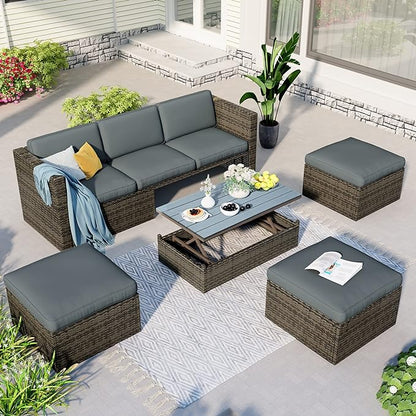 5 Pieces Patio Furniture Sets All Weather Wicker Rattan Sectional Sofa Outdoor Conversation with Adustable Backrest, Cushions, Ottomans and Lift Top Coffee Table for Poolside, Garden, Backyard
