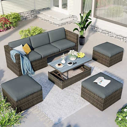 5-Piece Patio Furniture Sets Wicker Outdoor Sofa Couch with Adustable Backrest, Ottomans and Lift Top Coffee Table, Onesize, Gray