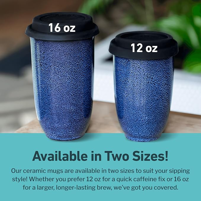NOVA CERAMICS Travel Mug - Ceramic Travel Mug With Lid – Travel Coffee Mug Unique To Go Coffee Cup – Microwave & Dishwasher Safe Coffee Tumbler - Gifts For Women Men Him Her – 12oz - Abyss