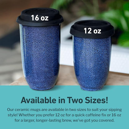 NOVA CERAMICS Travel Mug - Ceramic Travel Mug With Lid – Travel Coffee Mug Unique To Go Coffee Cup – Microwave & Dishwasher Safe Coffee Tumbler - Gifts For Women Men Him Her – 12oz - Abyss