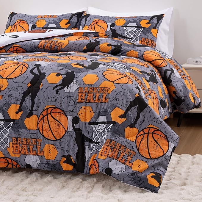 Btargot 3 Piece Grey Geometric Basketball Comforter Set Full for Boys Teens, 3D Sports Bedding,Soft Microfiber Reversible Quilt with 2 Matching Pillow Shams, Yellow