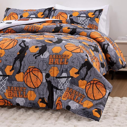Btargot 3 Piece Grey Geometric Basketball Comforter Set Full for Boys Teens, 3D Sports Bedding,Soft Microfiber Reversible Quilt with 2 Matching Pillow Shams, Yellow
