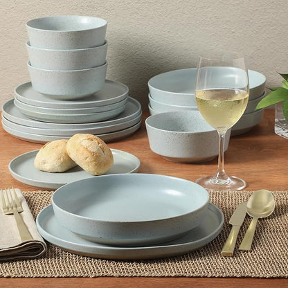 Gibson Elite Overbrook 16-Piece Pottery Clay Stoneware Dinnerware Set – Light Blue Reactive Glaze, Stackable Plates and Bowls w/Pasta Bowl, Service for 4 – Microwave & Dishwasher Safe