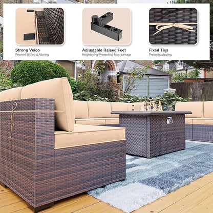Kullavik 10 Pieces Outdoor Patio Furniture Set with 43" Gas Propane Fire Pit Table PE Wicker Rattan Sectional Sofa Patio Conversation Sets,Sand