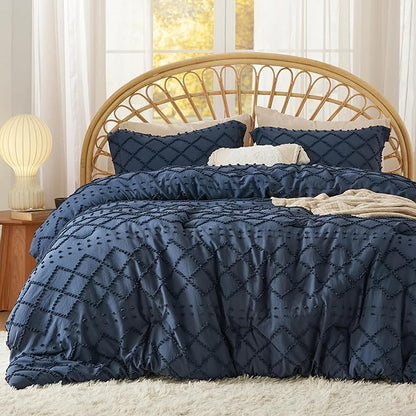 Bedsure Full Size Comforter Set - Navy Blue Comforter, Boho Tufted Shabby Chic Bedding Comforter Set, 3 Pieces Vintage Farmhouse Bed Set for All Seasons, Fluffy Bedding Set with 2 Pillow Shams