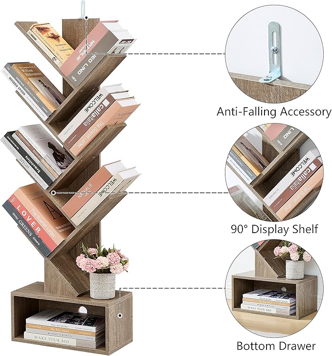 Hoctieon 6 Tier Tree Bookshelf, Tall Bookcase with Drawer, Freestanding Book shelf, Display Floor Standing Storage Shelf, Book Organizer Shelves for Home Office, Living Room, Bedroom, Greige
