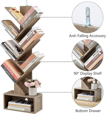 Hoctieon 6 Tier Tree Bookshelf, Tall Bookcase with Drawer, Freestanding Book shelf, Display Floor Standing Storage Shelf, Book Organizer Shelves for Home Office, Living Room, Bedroom, Greige