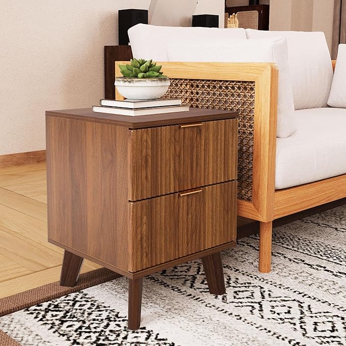 Fluted Nightstand, Mid Century Modern 2 Drawer Bedside Table for Bedroom, Small Dresser Night Stand Side End Table with Wood Fluted Drawer Storage for Bedroom Closet(Walnut)
