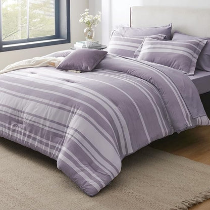 Bedsure Bed in a Bag Twin Size 5 Pieces, Purple White Striped Bedding Comforter Sets All Season Bed Set with 1 Pillow Sham, Flat Sheet, Fitted Sheet and 1 Pillowcase