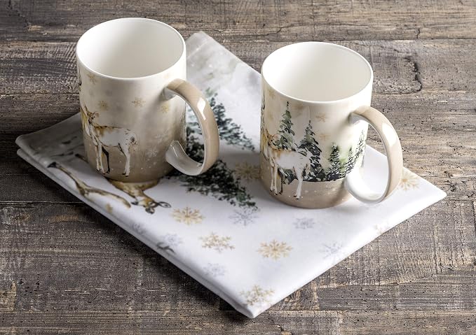 Maison d' Hermine Coffee Mug with Handles Tea Cups (15 Ounce, Pack of 2) | Fine Bone China Coffee Mugs for Hot Beverages Cappuccino Latte Home Restaurant Hotel Spring Summer -Deer In The Woods
