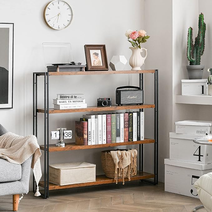Bookshelf,4-Tier Industrial Bookcase,Rustic Wood and Metal Open Display Book Shelves Home Office,Bedroom Standing Shelf Unit,Horizontal Kitchen Shelf Organizer,Bathroom Storage Rack Mid Century 47in