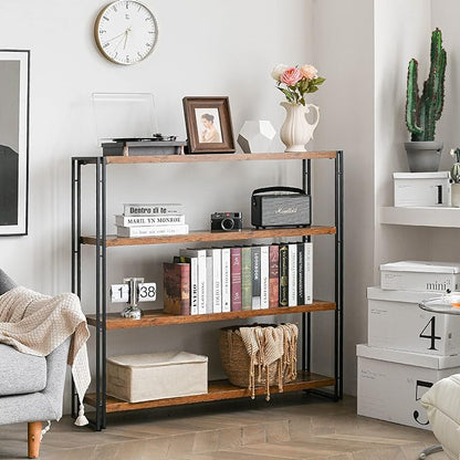 Bookshelf,4-Tier Industrial Bookcase,Rustic Wood and Metal Open Display Book Shelves Home Office,Bedroom Standing Shelf Unit,Horizontal Kitchen Shelf Organizer,Bathroom Storage Rack Mid Century 47in