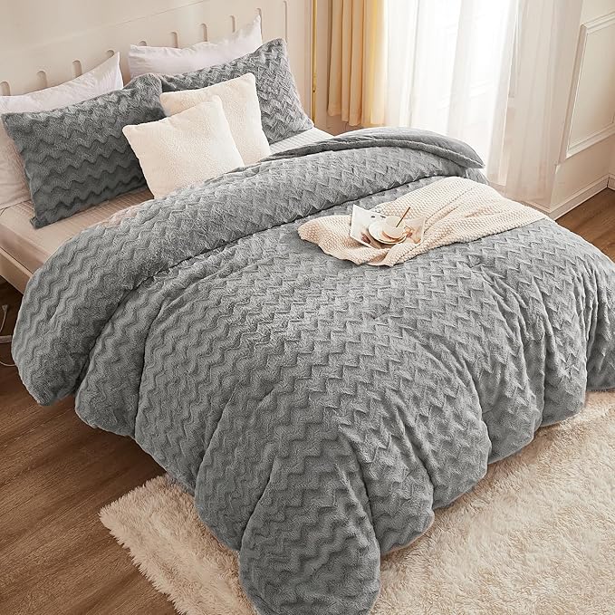 Andency Gray Fleece Comforter Set Full, 3 Pieces Fluffy Fuzzy Faux Fur Bedding Comforter Set, Plush Shaggy Warm Sherpa Bed Comforter Sets for Winter