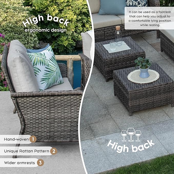 Yechen Patio Conversation Set 7 Seats with 44" Propane Gas Fire Pit Table - 6 Pcs Outdoor Wicker Furniture Set with Lid & Wind Shields - Sectional Sofa Set for Porch,Backyard