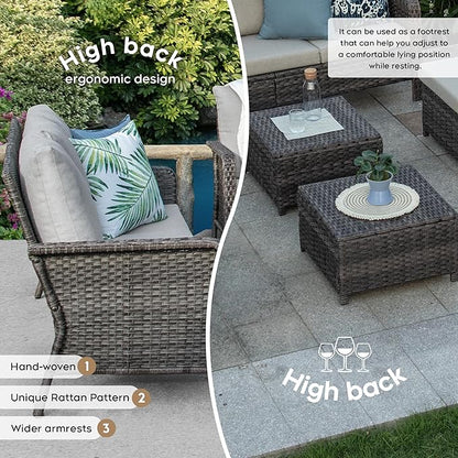 Yechen Patio Conversation Set 10 Seats with 44" Propane Gas Fire Pit Table - 7 Pcs Outdoor Wicker Furniture Set with Lid & Wind Shields - Sectional Sofa Set for Porch,Backyard