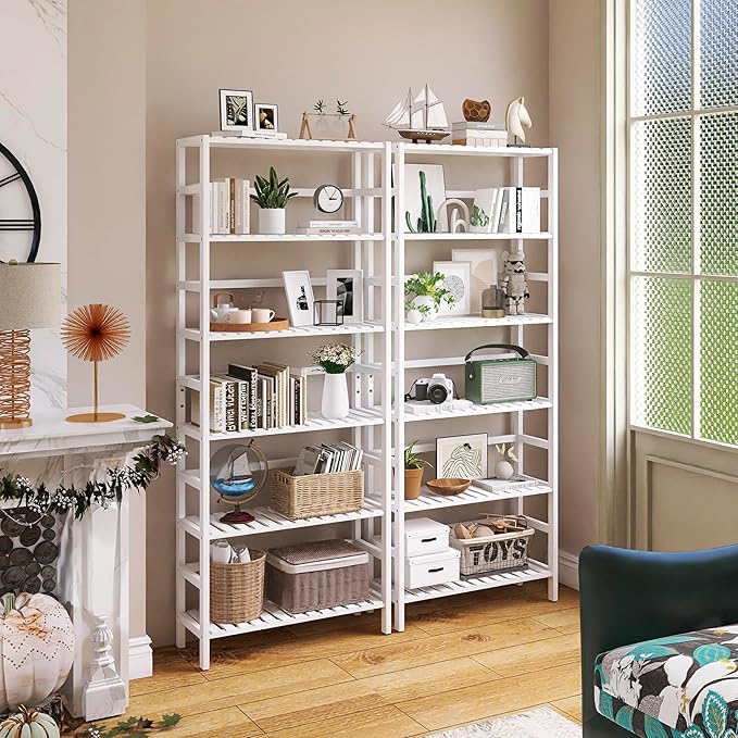Bookshelf, 6-Tier Tall Bookcase Freestanding Bamboo Book Shelf Bathroom Storage Organizer with Adjustable Shelves, White