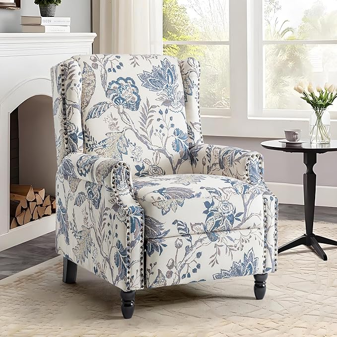 UIXE Pushback Recliner Chair, Push Back Accent Chair Fabric Upholstered Armchair for Living Room, Rivet Trim Home Theater Single Sofa Bedroom Reading Seat - Blue Plants