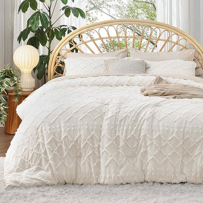 Bedsure Twin/Twin XL Comforter Set - Ivory Boho Twin Extra Long Comforter Set for College, Shabby Chic Dorm Bedding Set, 2 Pieces Modern Farmhouse Bed Set, includes 1 Pillow Sham