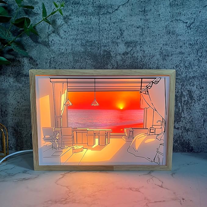 Decorative Lamp on Desk, Warm Seaside Design Desktop Illustration Light, USB Low Power Desk Lamp with Morning/Afternoon/Sunset 3 Modes