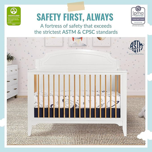 JPMA & Greenguard Gold Certified Milton 5-in-1 Convertible Crib Made with Sustainable New Zealand Pinewood in White and Natural, Non-Toxic Finish