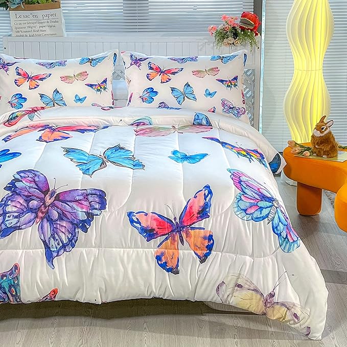 CVHOUSE Butterfly Bedding Set,Butterfly Comforter Twin,Butterfly Comforter Set for Girls Kids Teens,Butterflies Quilt Set with 1 Comforter and 2 Pillow Cases