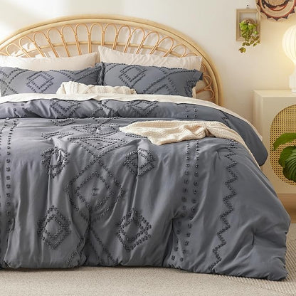 Bedsure Boho Comforter Set Queen - Dark Grey Tufted Bedding Comforter Set, 3 Pieces Farmhouse Shabby Chic Embroidery Bedding Set, Soft Geometric Pattern Comforter for All Seasons