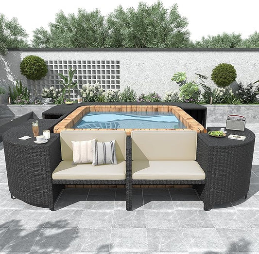 Outdoor Spa Surround Set Patio Furniture with Storage Space, Wood Seatings and Waterproof Cushions, Quadrilateral Rattan Sectional Sofa, for Backyard Deck Poolside, Onesize, Beige