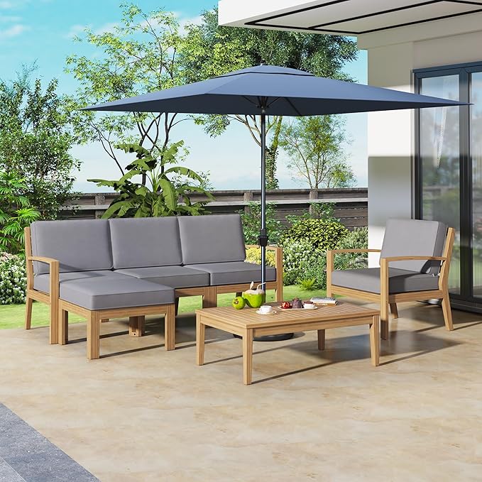 4 Piece Acacia Wood Patio Furniture L-Shaped Outdoor Sectional Sofa Coffee Table, FSC Certified Conversation Set w/Beige Cushions for Garden Backyard