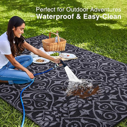 OLANLY Outdoor Rug Waterproof 9x12 ft Clearance, Reversible Outdoor Plastic Straw Rug with Floral Pattern, RV Mat for Patio, Camping, Balcony, Deck, Backyard, Black & Grey