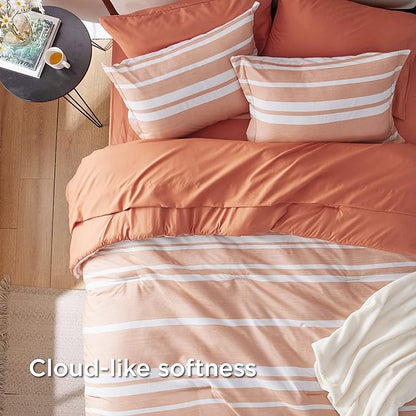 Bedsure Bed in a Bag Twin Size 5 Pieces, Burnt Orange White Striped Bedding Comforter Sets All Season Bed Set with 1 Pillow Sham, Flat Sheet, Fitted Sheet and 1 Pillowcase