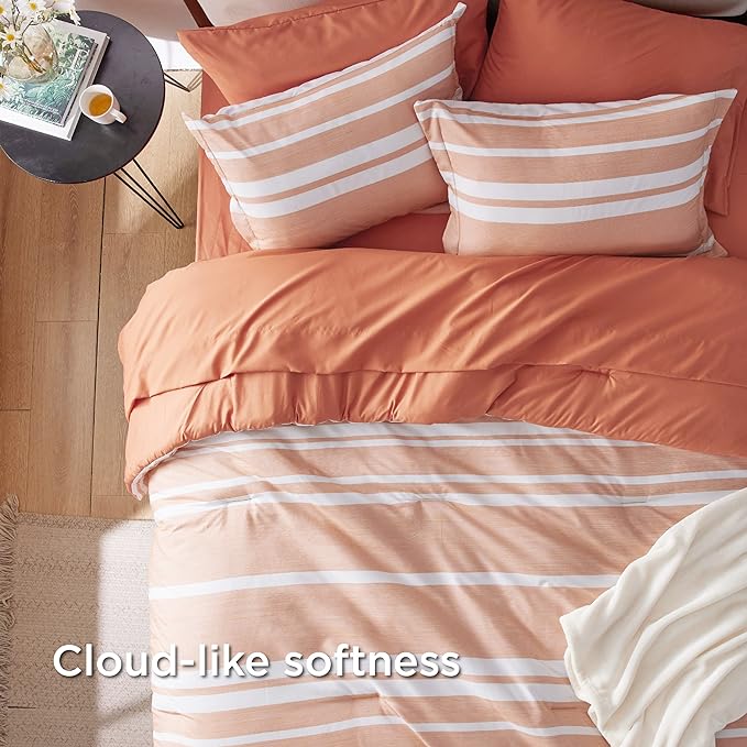 Bedsure Bed in a Bag King Size 7 Pieces, Burnt Orange White Striped Bedding Comforter Sets All Season Bed Set, 2 Pillow Shams, Flat Sheet, Fitted Sheet and 2 Pillowcases